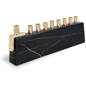 Zion Judaica Ltd Elegant Decorative Hanukkah Candle Menorah Aluminum Wrapped with Marble Decal (Black/Gold) & Brass Candle Cups - Landscape Minorah in Saudi Arabia