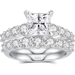 3.92CTTW Princess Cut Moissanite Wedding Ring Set for Women D Color VVS1 925 Sterling Silver 18K White Gold Plated Moissanite Engagement Ring with Matching Band Bridal Rings in Saudi Arabia