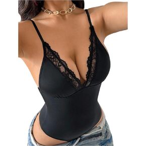 SOLY HUX Women's Lace Deep V Neck Bodysuit Spaghetti Straps Slim Fitted Leotard Camisole in Kuwait
