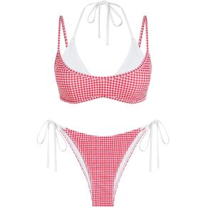 ZAFUL Women's Plaid Bikini Set Colorblock Dual Straps Halter String Tie Side 2 Piece Swimsuit Bathing Suit in Kuwait