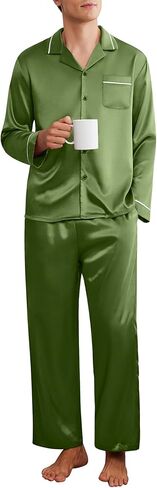 Ekouaer Mens Pajamas Set Silk Satin Pajama Set 2 piece Loungewear Long Sleeve Sleepwear Button-Down Pj with Long Pants S-XXL in Saudi Arabia