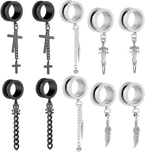 TIANCI FBYJS 5 Pairs Surgical Steel Dangle Cross Ear Tunnels Fashion Ear Gauges Plugs Expander Stretchers Piercings Black & Silver 2g-5/8 in Saudi Arabia