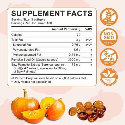 Pumpkin Seed Oil with Saw Palmetto Capsules, Essential Fatty Acids & Phytosterols, Pumpkin Seed Oil for Hair Growth, Urinary, Bladder & Prostate Health, Cold Pressed Pure Virgin, 300 Softgels in Saudi Arabia