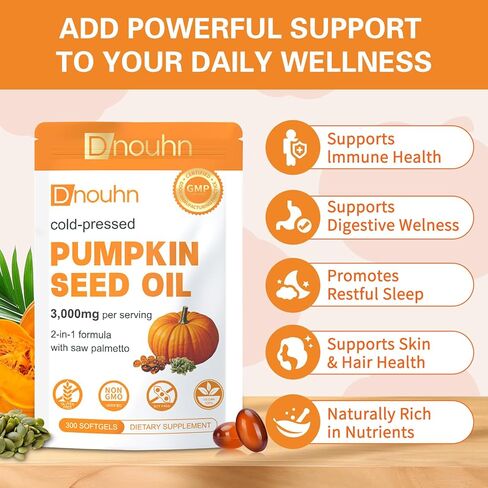 Pumpkin Seed Oil with Saw Palmetto Capsules, Essential Fatty Acids & Phytosterols, Pumpkin Seed Oil for Hair Growth, Urinary, Bladder & Prostate Health, Cold Pressed Pure Virgin, 300 Softgels in Saudi Arabia