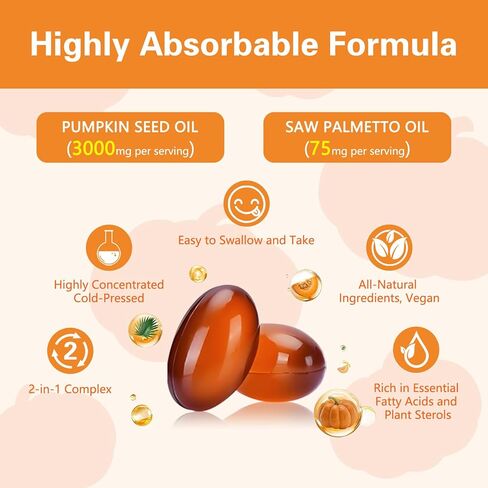 Pumpkin Seed Oil with Saw Palmetto Capsules, Essential Fatty Acids & Phytosterols, Pumpkin Seed Oil for Hair Growth, Urinary, Bladder & Prostate Health, Cold Pressed Pure Virgin, 300 Softgels in Saudi Arabia