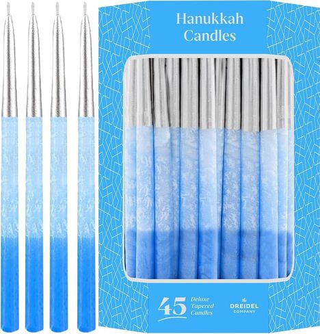 The Dreidel Company Deluxe Hanukkah Candles Metallic Silver with Blue Frost Hanukkah Frosted Premium Tapered Hand Decorated Chanuka Candles Set of 45. 1-Hour Burn Time in Saudi Arabia