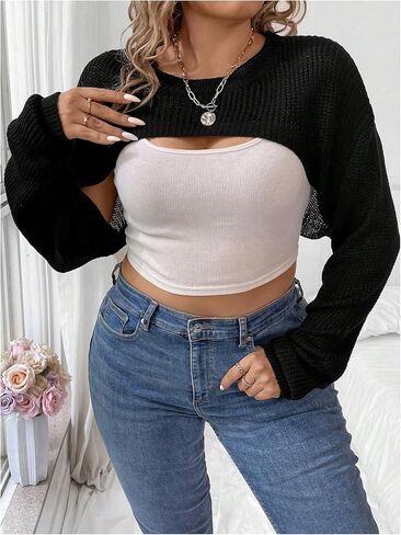 WDIRARA Women's Plus Size Super Crop Sweater Bolero Shrug Long Sleeve Knit Top in Saudi Arabia