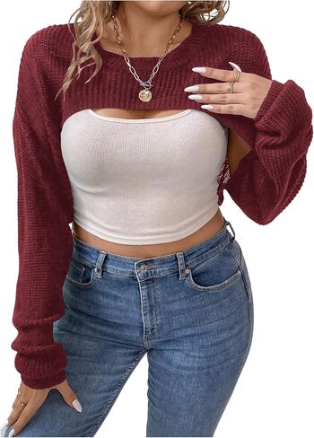 WDIRARA Women's Plus Size Super Crop Sweater Bolero Shrug Long Sleeve Knit Top in Saudi Arabia