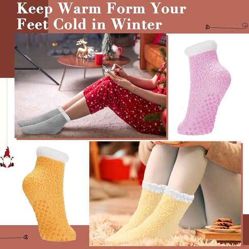 Taiyin 50 Pairs Bulk Fuzzy Socks with Grips Non Slip Fluffy Slipper Socks Winter Warm Plush Sleep Soft Christmas Gifts in Saudi Arabia