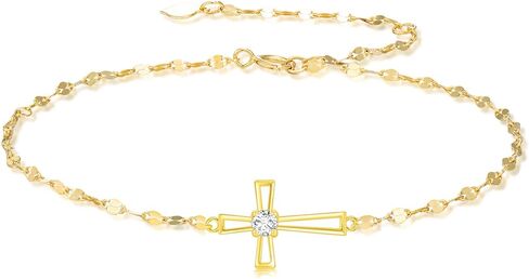 خلخال من SISGEM 10k Gold Lab Grown Diamond Cross خلخال للنساء، سوار كاحل ديني هدايا لها 9.4"-11" in Kuwait