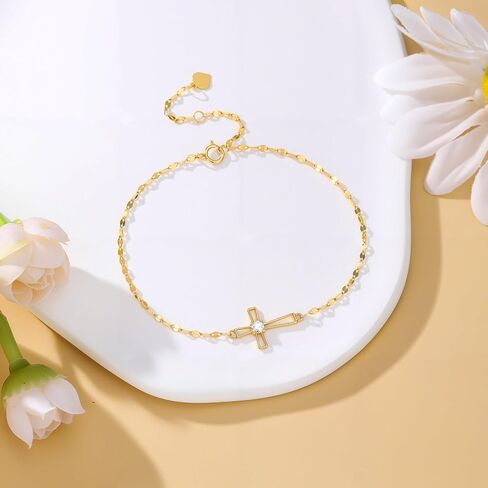 خلخال من SISGEM 10k Gold Lab Grown Diamond Cross خلخال للنساء، سوار كاحل ديني هدايا لها 9.4"-11" in Kuwait