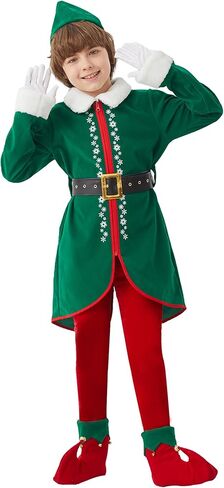 Elf Costume for Kids Christmas 6 PCS Deluxe Santa Helper Outfit Boys Suit Holiday Party Xmas Halloween Cosplay in Saudi Arabia