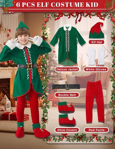 Elf Costume for Kids Christmas 6 PCS Deluxe Santa Helper Outfit Boys Suit Holiday Party Xmas Halloween Cosplay in Saudi Arabia
