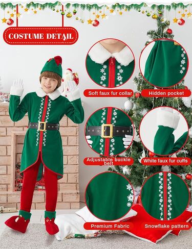 Elf Costume for Kids Christmas 6 PCS Deluxe Santa Helper Outfit Boys Suit Holiday Party Xmas Halloween Cosplay in Saudi Arabia