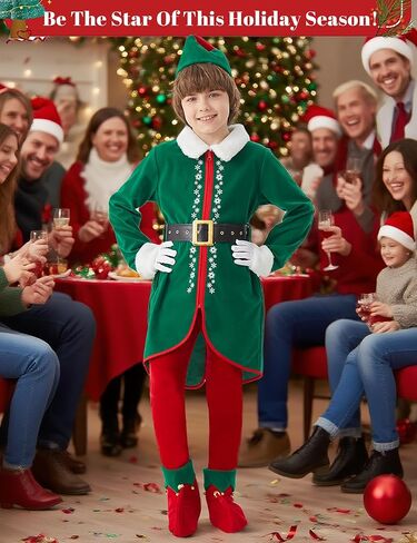Elf Costume for Kids Christmas 6 PCS Deluxe Santa Helper Outfit Boys Suit Holiday Party Xmas Halloween Cosplay in Saudi Arabia
