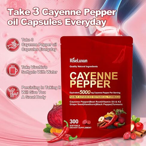 كبسولات هلامية بالفلفل الحار، مع فيتامين د3، ك2+هـ ومستخلصات بذور العنب، والزعرور، والشمندر، والبربرين و12 مستخلصًا آخر، تركيبة متقدمة للحيوية والعافية، من أجل نظام الدورة الدموية الصحي. in Kuwait