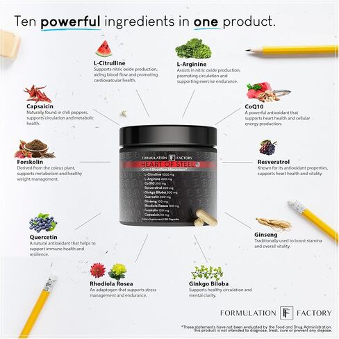 Formulation Factory Heart of Steel: 10-in-1 Metabolic Maximizer Nitric Oxide Supplement, Blood Pressure Support, L Arginine, L Citrulline Natural Pre-Workout: Energy Management 120 Count in Saudi Arabia