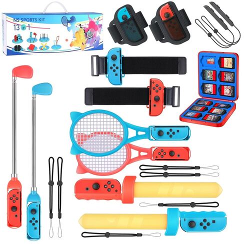 Switch Sports Accessories Bundle - 13 in 1 Family Pack with Tennis Rackets, Adjustable Golf Clubs, Chambara Swords, Soccer Leg Straps, Wrist Band, Joycon Strap, Game Case for Switch & OLED in Saudi Arabia
