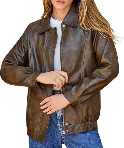 Women's Plus Oversized Faux Leather Bomber Jacket, Street Style Casual Zip Up Coat - Size Runs Larger in Saudi Arabia