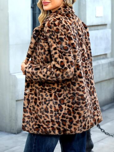 ELLEVEN Women’s Faux Fur Leopard Coat Long Winter Coats, Autumn Notch Lapel Jackets with Pockets in Saudi Arabia