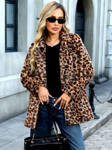 ELLEVEN Women’s Faux Fur Leopard Coat Long Winter Coats, Autumn Notch Lapel Jackets with Pockets in Saudi Arabia