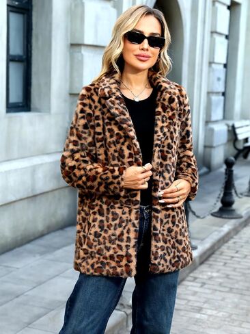 ELLEVEN Women’s Faux Fur Leopard Coat Long Winter Coats, Autumn Notch Lapel Jackets with Pockets in Saudi Arabia