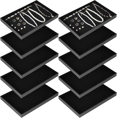 10 Pcs Velvet Stackable Jewelry Tray Showcase Display Jewelry Organizer Tray for Drawers Countertop, Empty Plate for Necklace, Ring, Bracelet Organizing, and Earring Storage Display (Black) in Kuwait