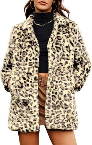 ELLEVEN Women’s Faux Fur Leopard Coat Long Winter Coats, Autumn Notch Lapel Jackets with Pockets in Saudi Arabia