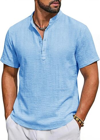 Runcati Mens Casual Henley Shirt Short Sleeve Band Collar Textured Shirts Summer Beach Hippie T-Shirts in Saudi Arabia