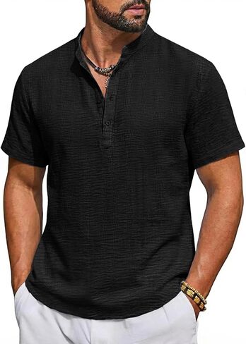 Runcati Mens Casual Henley Shirt Short Sleeve Band Collar Textured Shirts Summer Beach Hippie T-Shirts in Saudi Arabia