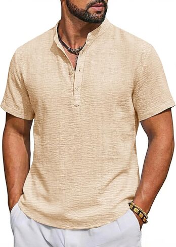 Runcati Mens Casual Henley Shirt Short Sleeve Band Collar Textured Shirts Summer Beach Hippie T-Shirts in Saudi Arabia