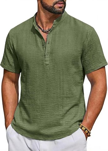 Runcati Mens Casual Henley Shirt Short Sleeve Band Collar Textured Shirts Summer Beach Hippie T-Shirts in Saudi Arabia