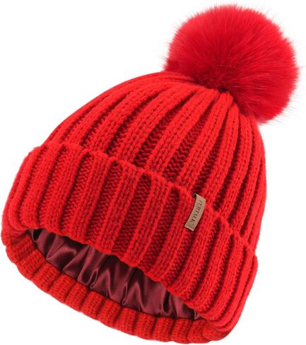 FURTALK Womens Winter Beanie Hat Satin Lined Faux Fur Pom Pom Beanies Hat for Women Winter Warm Knit Hats Red in Saudi Arabia
