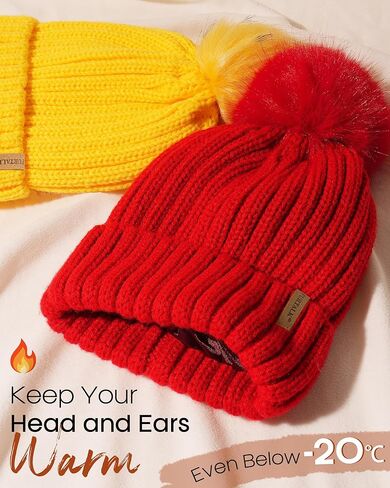 FURTALK Womens Winter Beanie Hat Satin Lined Faux Fur Pom Pom Beanies Hat for Women Winter Warm Knit Hats Red in Saudi Arabia