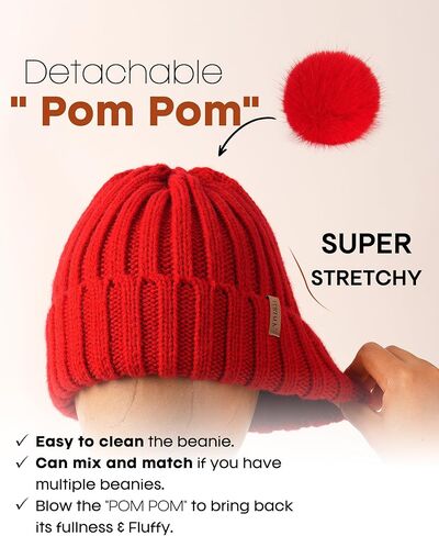 FURTALK Womens Winter Beanie Hat Satin Lined Faux Fur Pom Pom Beanies Hat for Women Winter Warm Knit Hats Red in Saudi Arabia