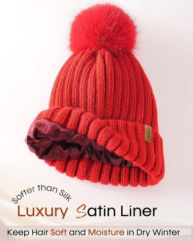 FURTALK Womens Winter Beanie Hat Satin Lined Faux Fur Pom Pom Beanies Hat for Women Winter Warm Knit Hats Red in Saudi Arabia