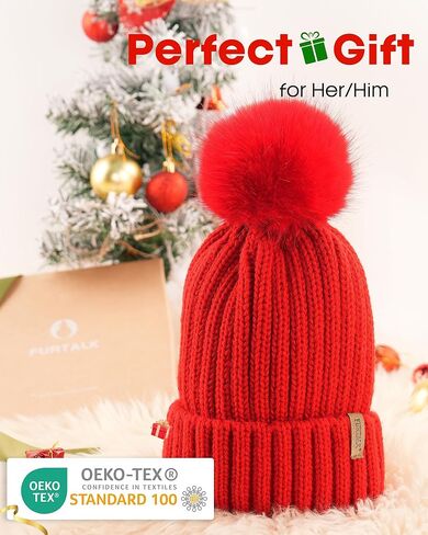 FURTALK Womens Winter Beanie Hat Satin Lined Faux Fur Pom Pom Beanies Hat for Women Winter Warm Knit Hats Red in Saudi Arabia