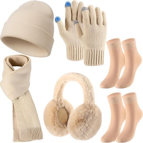 Geyoga 6 Pcs Women Winter Beanie Hat Scarf Gloves Ear Muffs Fuzzy Socks Set, Touchscreen Gloves for Thermal Gift Cold Weather in Saudi Arabia