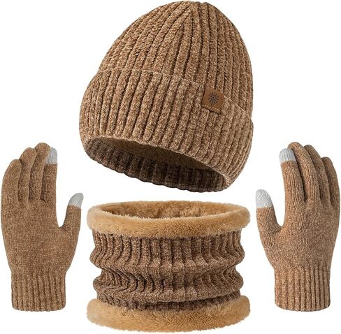 مجموعة قفازات وشاح قبعة شتوية للرجال والنساء، مجموعة قفازات من الشنيل لتدفئة الرقبة مع بطانة من الصوف الدافئ in Kuwait