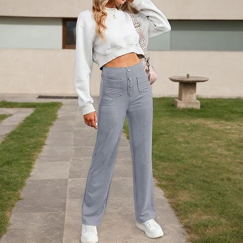 Women's Casual Straight Leg Pants with High Waist Button Closure Elastic Band and Pockets Comfortable in Saudi Arabia