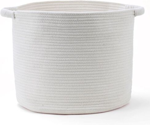 Woven Laundry Basket & Toy Organizer – 16" x 14" Cotton Rope Storage for Baby Laundry, Blankets, Stuffed Animals, Throws & Pillows – Decorative Basket for Living Room & Bedroom (White & Brown) in Kuwait
