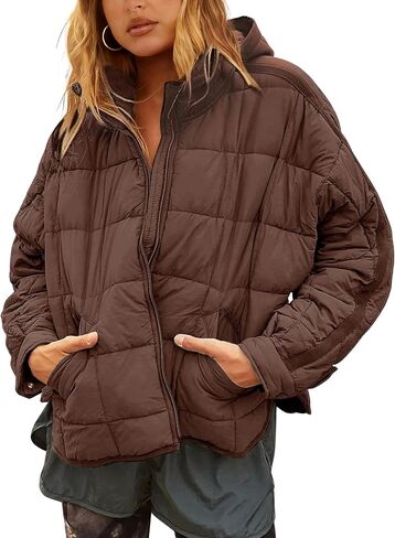 Bianstore Womens Oversized Splice Quilted Lightweight Hooded Puffer Jacket Casual Padded Coat in Saudi Arabia