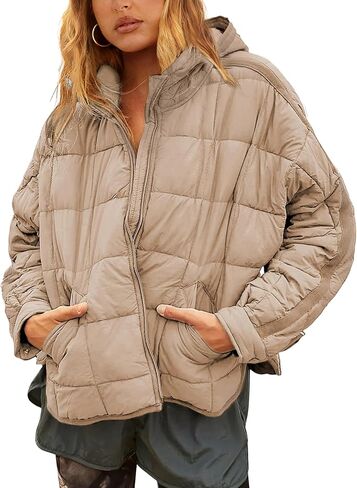 Bianstore Womens Oversized Splice Quilted Lightweight Hooded Puffer Jacket Casual Padded Coat in Saudi Arabia