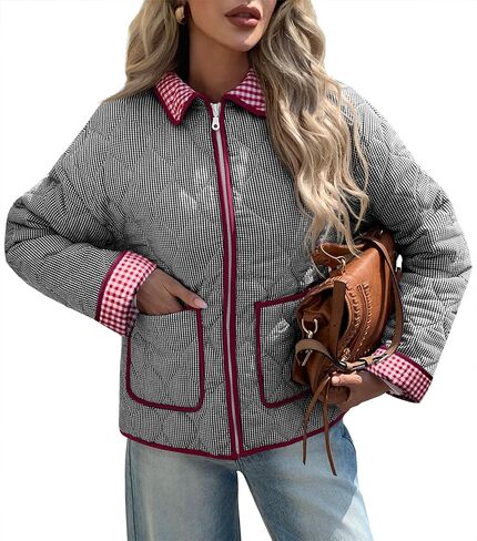 Tankaneo Womens Cropped Quilted Jackets Plaid Lightweight Full Zip Up Jacket Puffer Padded Coat with Pockets in Saudi Arabia