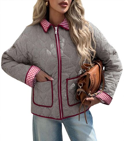 Tankaneo Womens Cropped Quilted Jackets Plaid Lightweight Full Zip Up Jacket Puffer Padded Coat with Pockets in Saudi Arabia