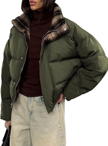 ECOWISH Women's Cropped Puffer Jacket Coat 2025 Winter Warm Stand Collar Short Quilted Jackets Outerwear with Pockets in Saudi Arabia