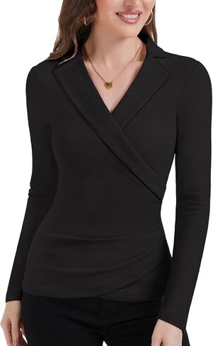 Soneven Womens Thermal Long Sleeve Business Causal Tops Winter Warm Fleece Work Blouses V Neck Dressy Wrap Shirts in Saudi Arabia