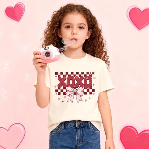 تي شيرت بناتي لعيد الحب على شكل قلب الحب تي شيرت قطني بأكمام قصيرة تي شيرت للأطفال Vday من عمر 3 إلى 13 سنة in Kuwait