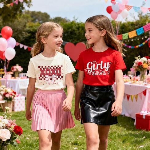 تي شيرت بناتي لعيد الحب على شكل قلب الحب تي شيرت قطني بأكمام قصيرة تي شيرت للأطفال Vday من عمر 3 إلى 13 سنة in Kuwait