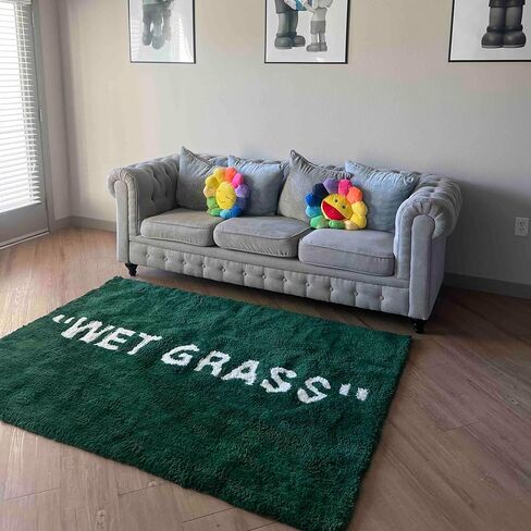 WET GRASS Rug - Green Grass Classic Handmade Flocked Area Rug - Hypebeast Home Decor Carpet - 4 * 5.3ft (120 * 160cm) Apartment Living Room/Home Office/Nursery Centerpiece - Artistic Premium Floor Mat in Saudi Arabia